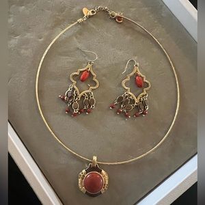 Red, brown and gold necklace and earring set